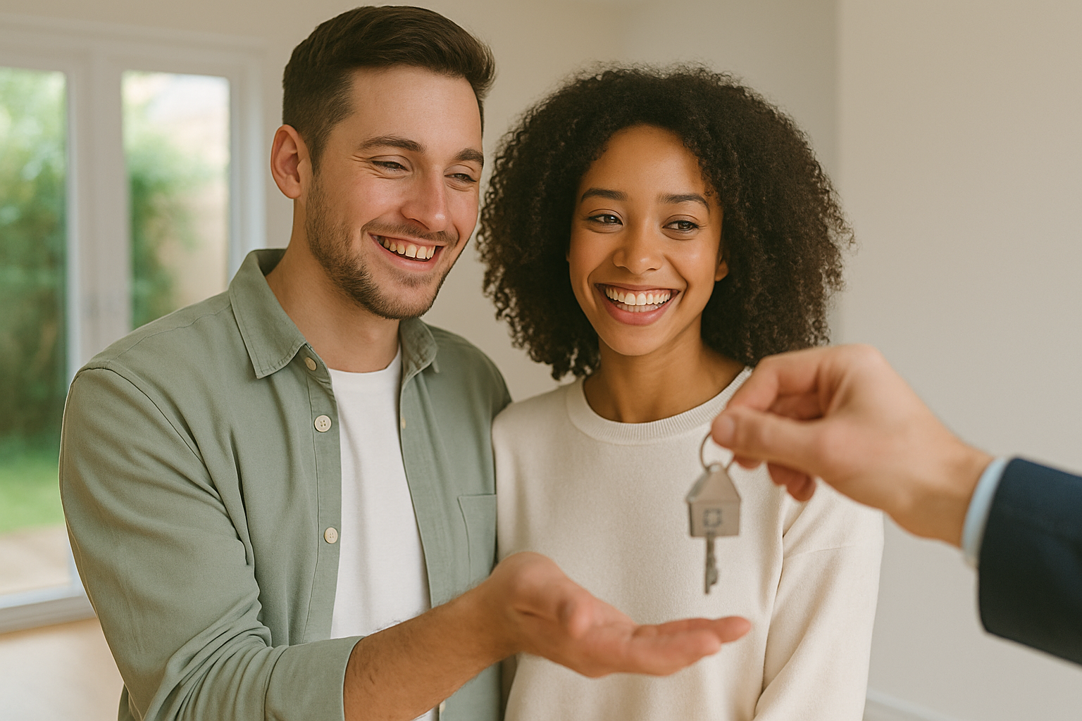 A picture of parents and a child outside their new house.