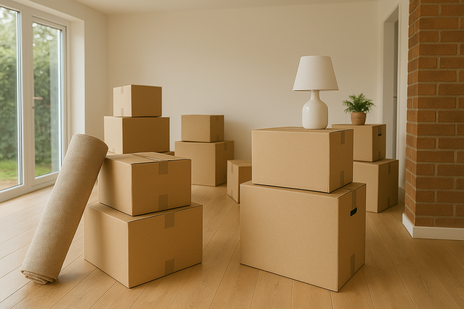 A picture of parents and a child outside their new house.