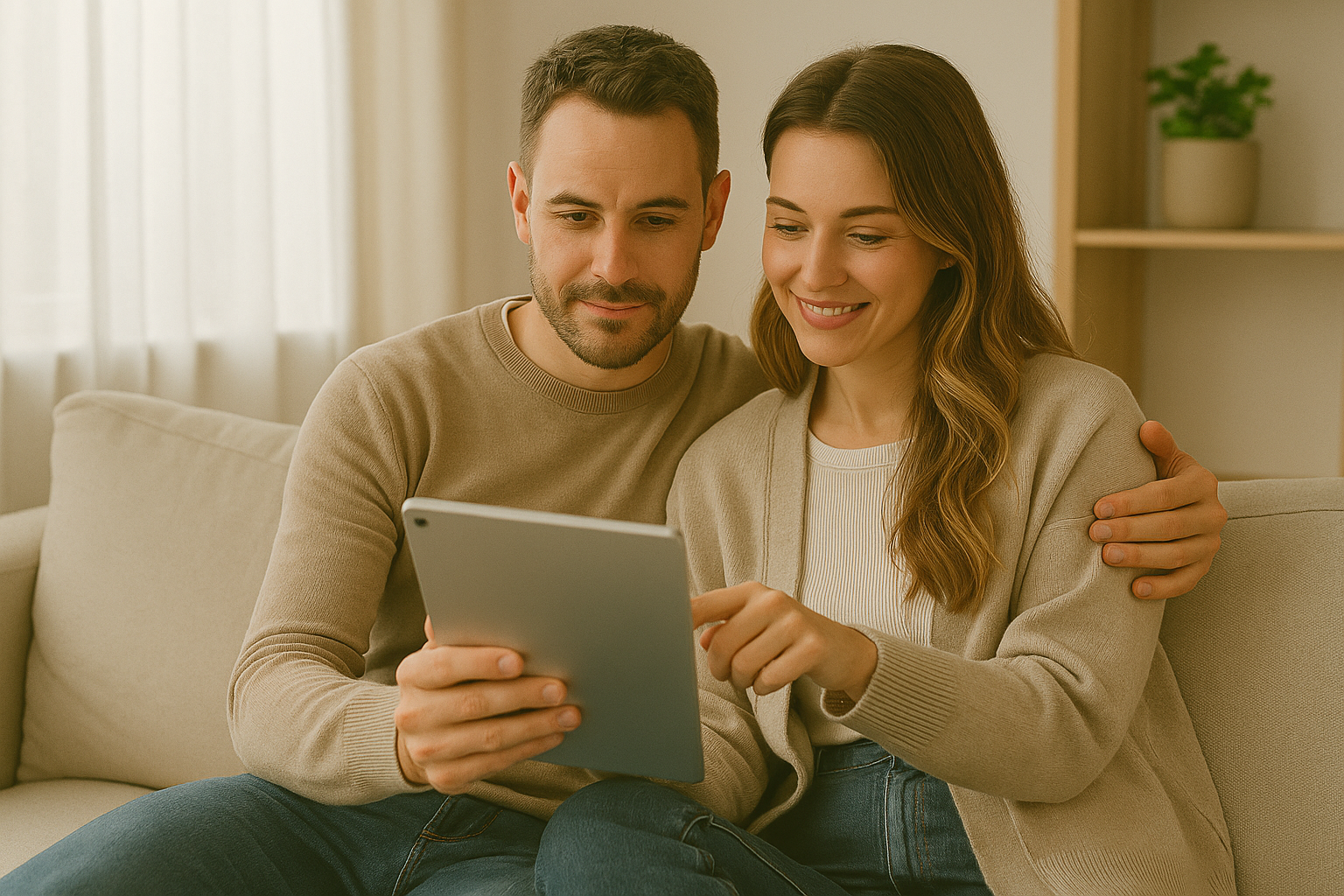 A picture of parents and a child outside their new house.